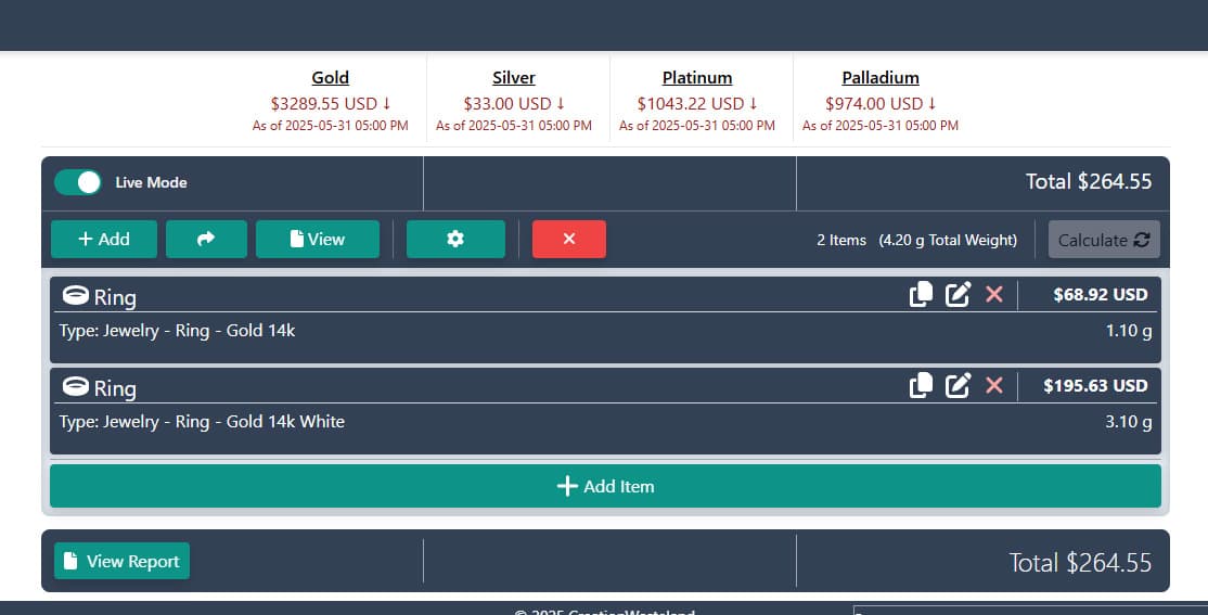 A screenshot of the WITVT application showing the calculation of jewelry.