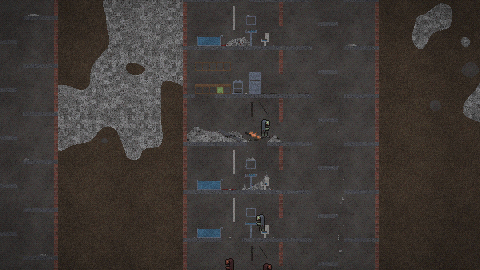 Two apartment buildings cut open, with a crater between them and furniture visible in the rooms